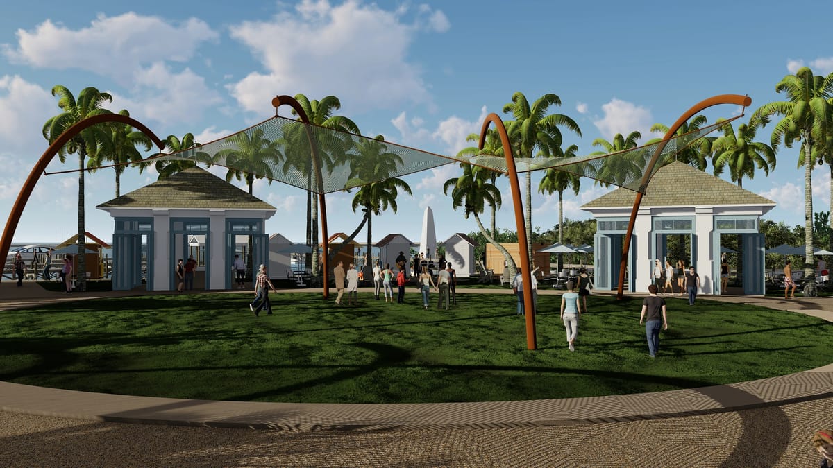 Outdoor garden with grass, palm trees, pavilions, net structure, and people engaged in activities.