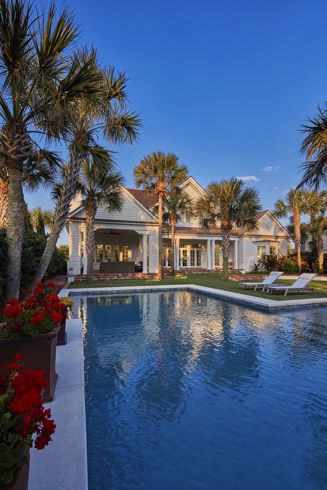 Exterior backyard with swimming pool, palm trees, flowers, covered porch, and lounge chairs
