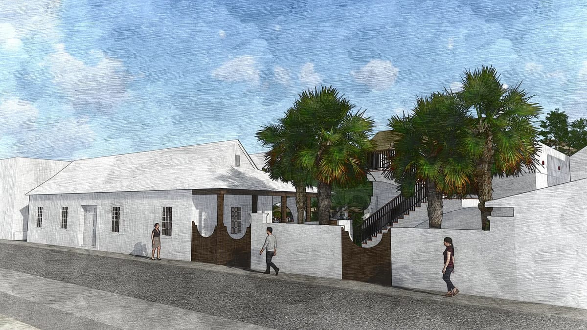 Exterior front view of a building with white walls, staircase, and palm trees, along a paved pathway