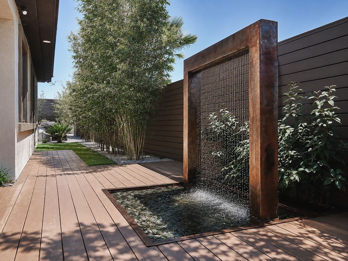Patio with wooden deck, water feature, and landscaped greenery including bamboo plants.