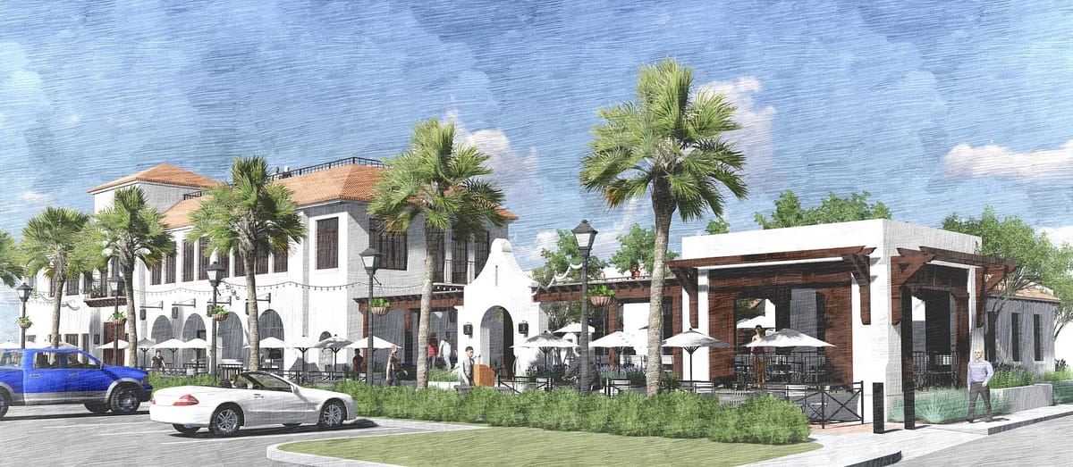 Exterior front view of a building with arches, palm trees, outdoor tables, and parked cars.