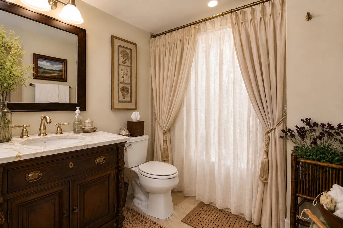 Bathroom with wooden vanity, marble countertop, white toilet, sheer curtains, and decorative accessories.
