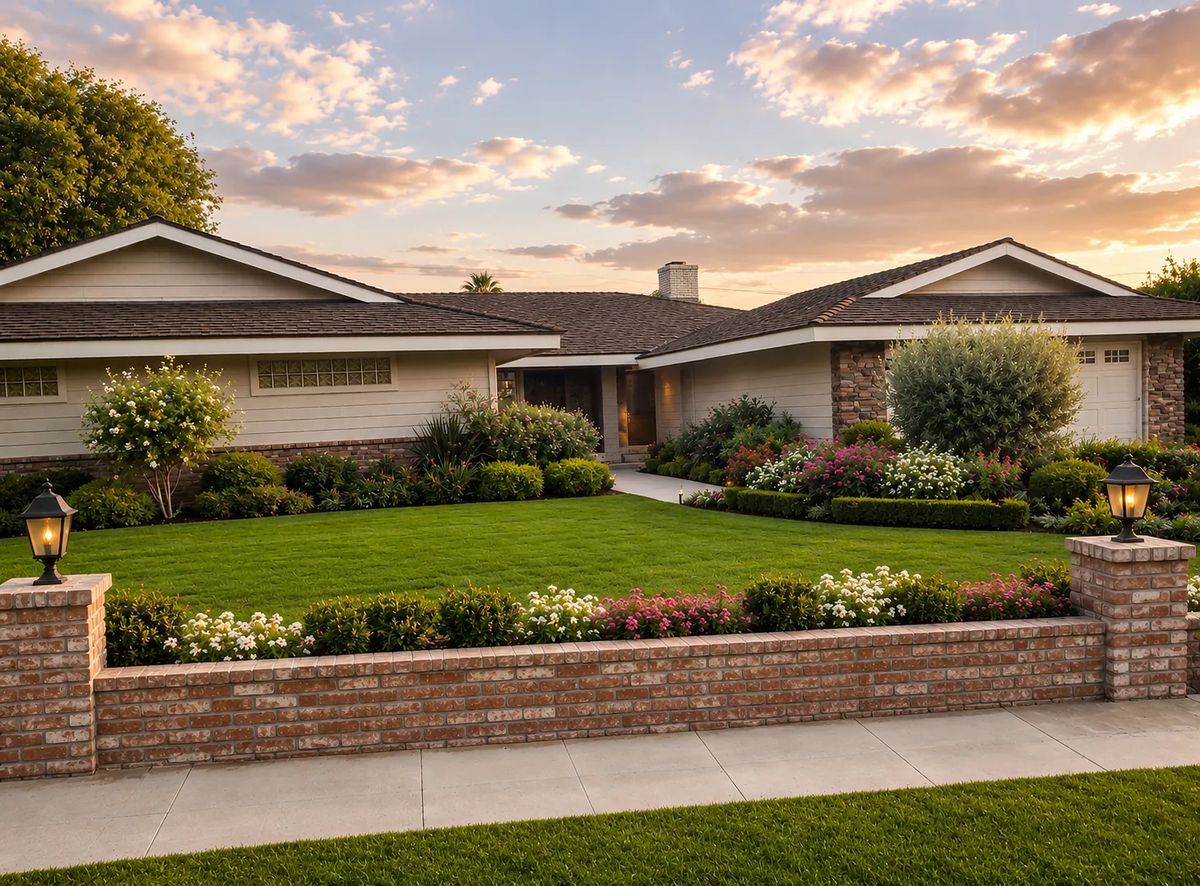Exterior front view of a house with lawn, flower beds, brick wall, and pathway.