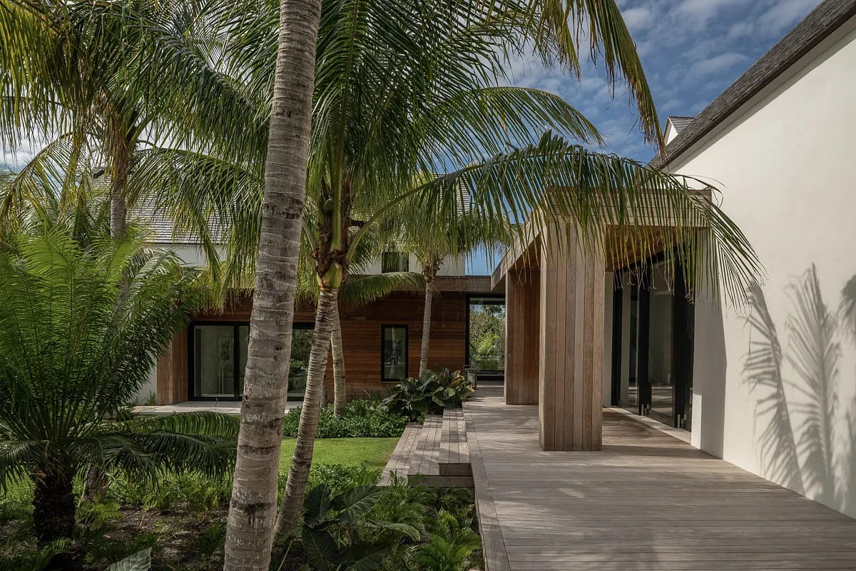 Exterior view with wooden deck, palm trees, ferns, and modern buildings with large glass windows