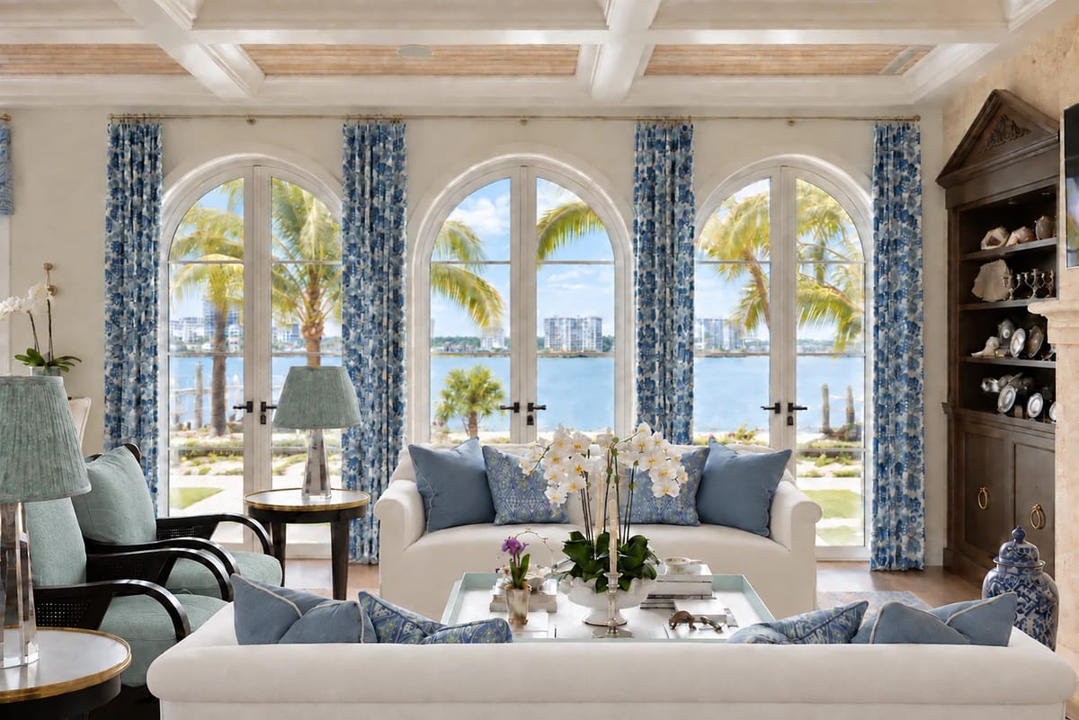 Living room with white sofa, blue cushions, armchair, coffee table, large windows, and a dark wooden cabinet.