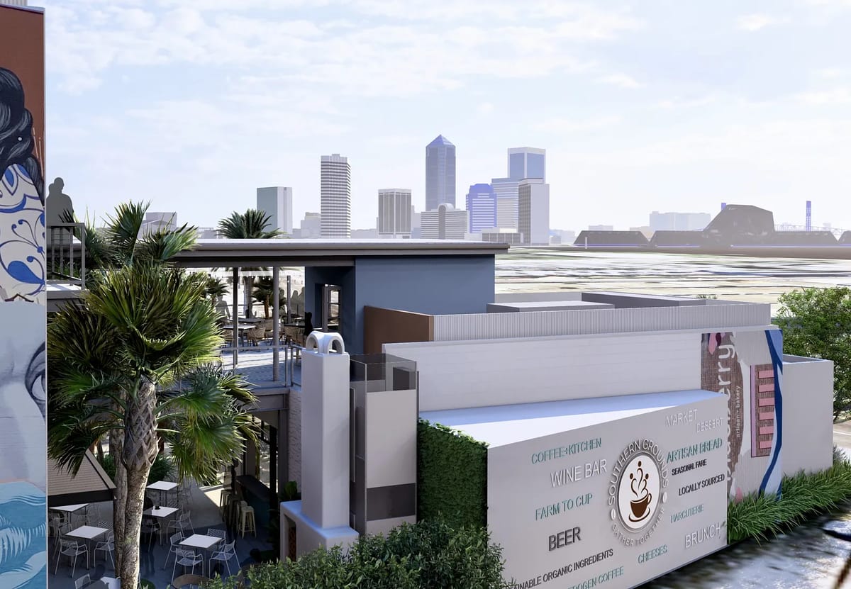 Exterior view of a modern building with white walls, glass windows, rooftop terrace, and palm trees.