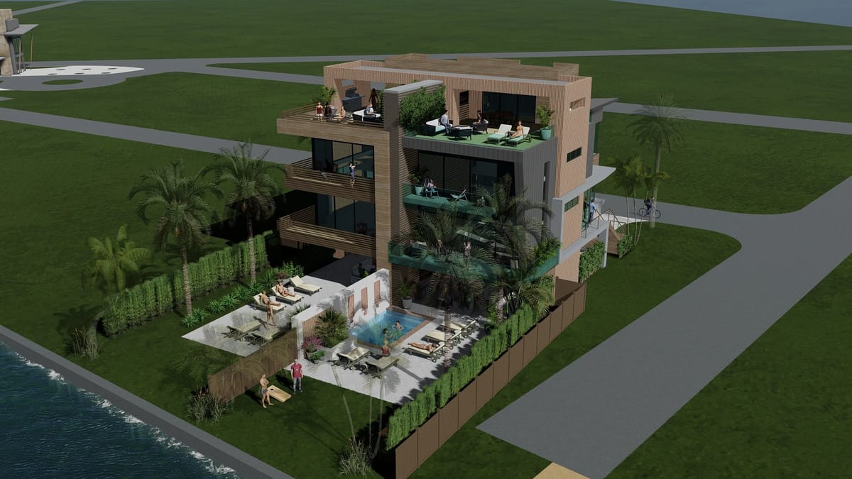 Three-story house with large windows, balconies, and landscaped yard featuring a pool and lounge chairs.