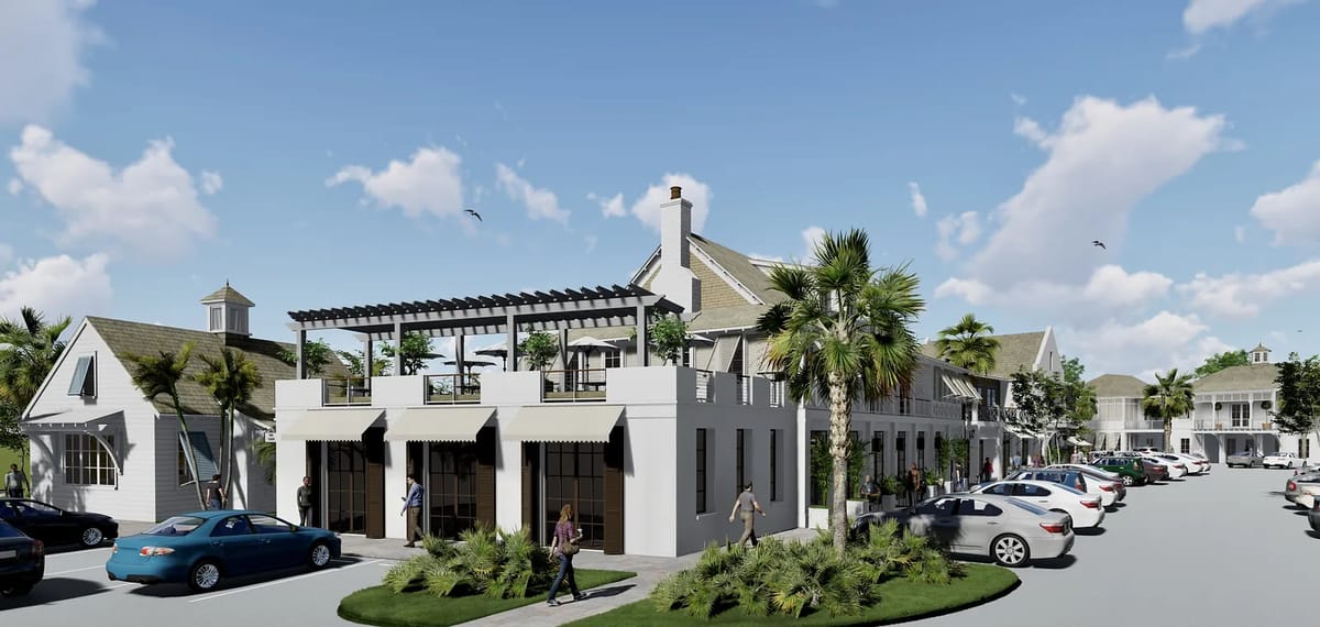 Exterior view of a multi-level building with terrace, palm trees, and parked cars in front.