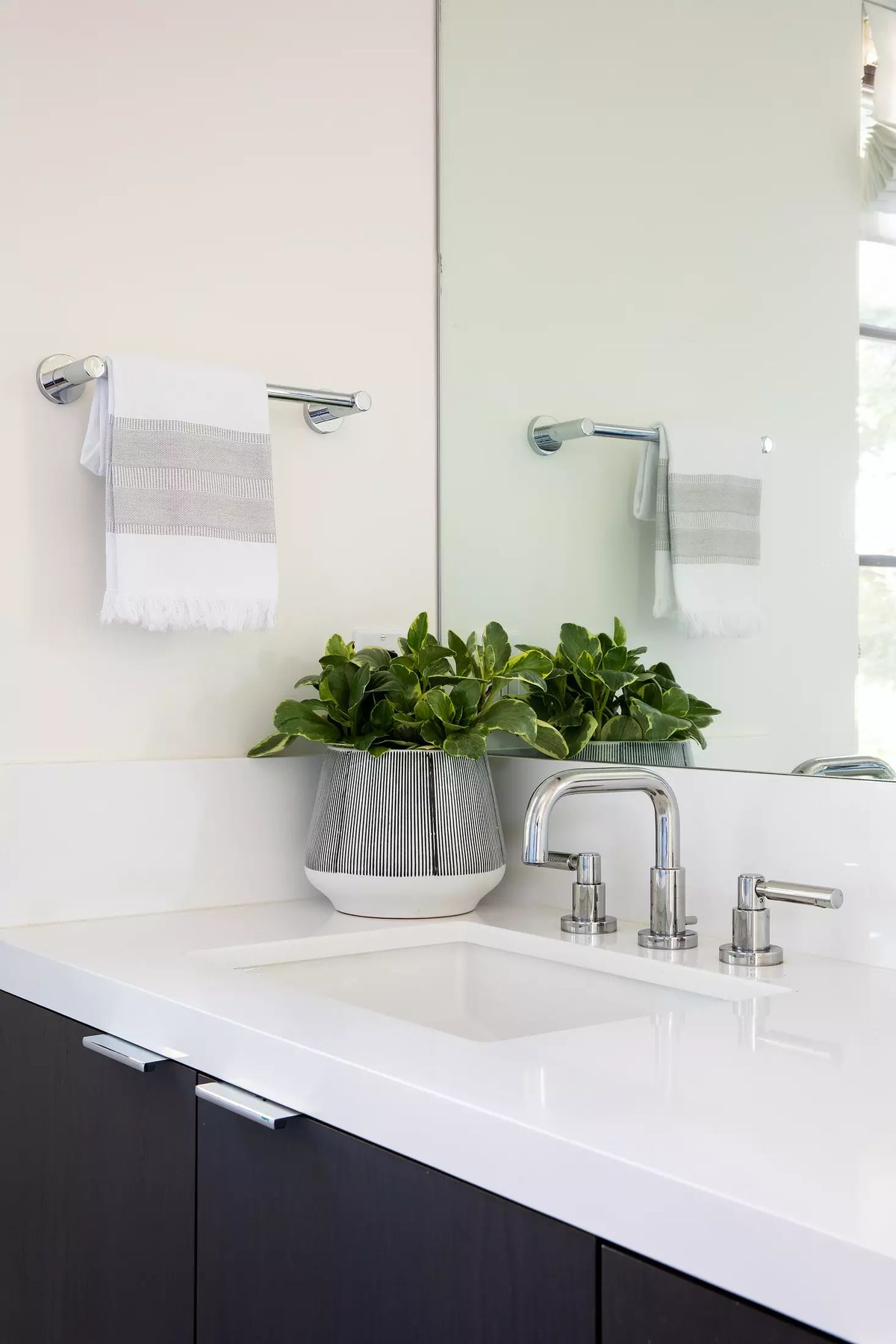 Bathroom with white countertop, double sink, chrome faucets, dark wood cabinetry, and potted plant.