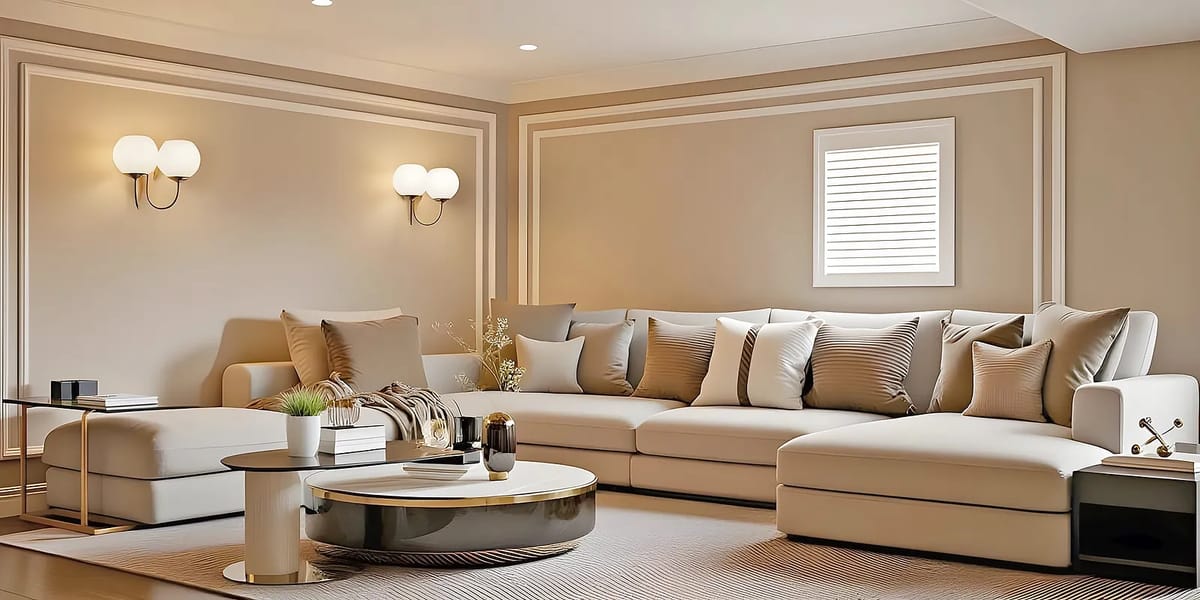 Living room with sectional sofa, round coffee table, textured rug, and wall sconces.