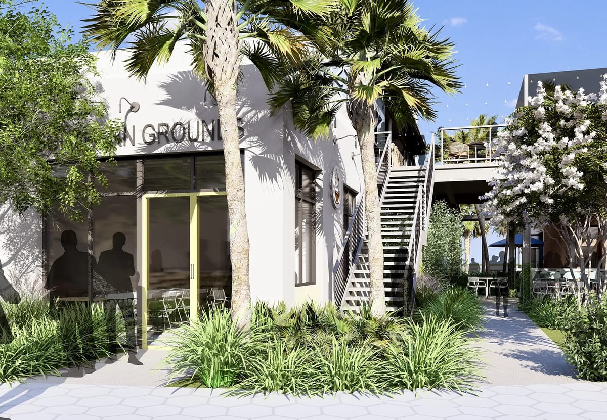 Exterior front with building, palm trees, staircase, greenery, and seating area.