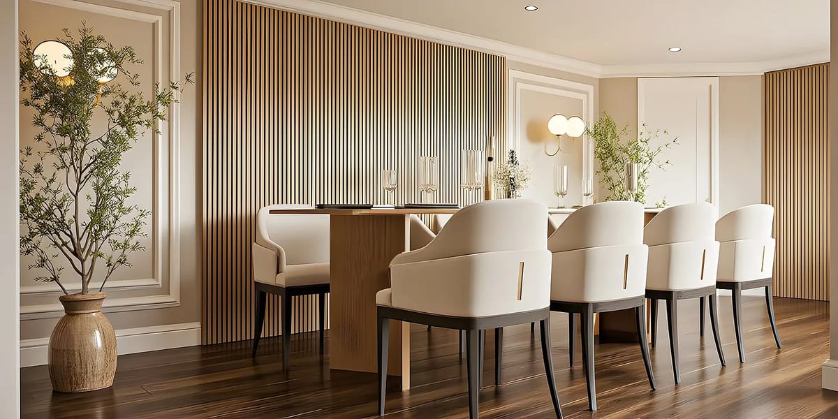 Dining room with large wooden table, six white chairs, vertical wooden slat walls, and decorative plants.