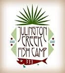 Logo design for Julington Creek Fish Camp with fish, geometric patterns, and a palm-like plant.