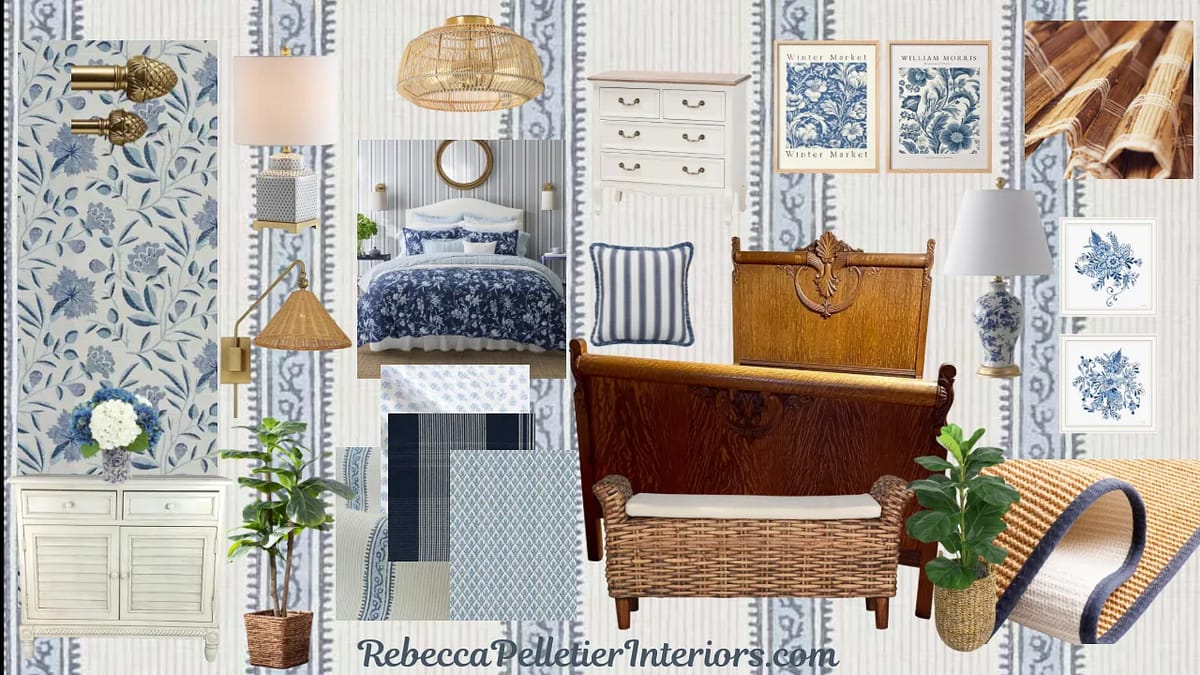 Collage of interior items including blue fabric, wooden bench, artwork, and decorative accessories.