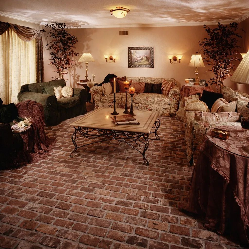Living room with green and floral sofas, brick floor, coffee table, side tables, drapes, and plants.
