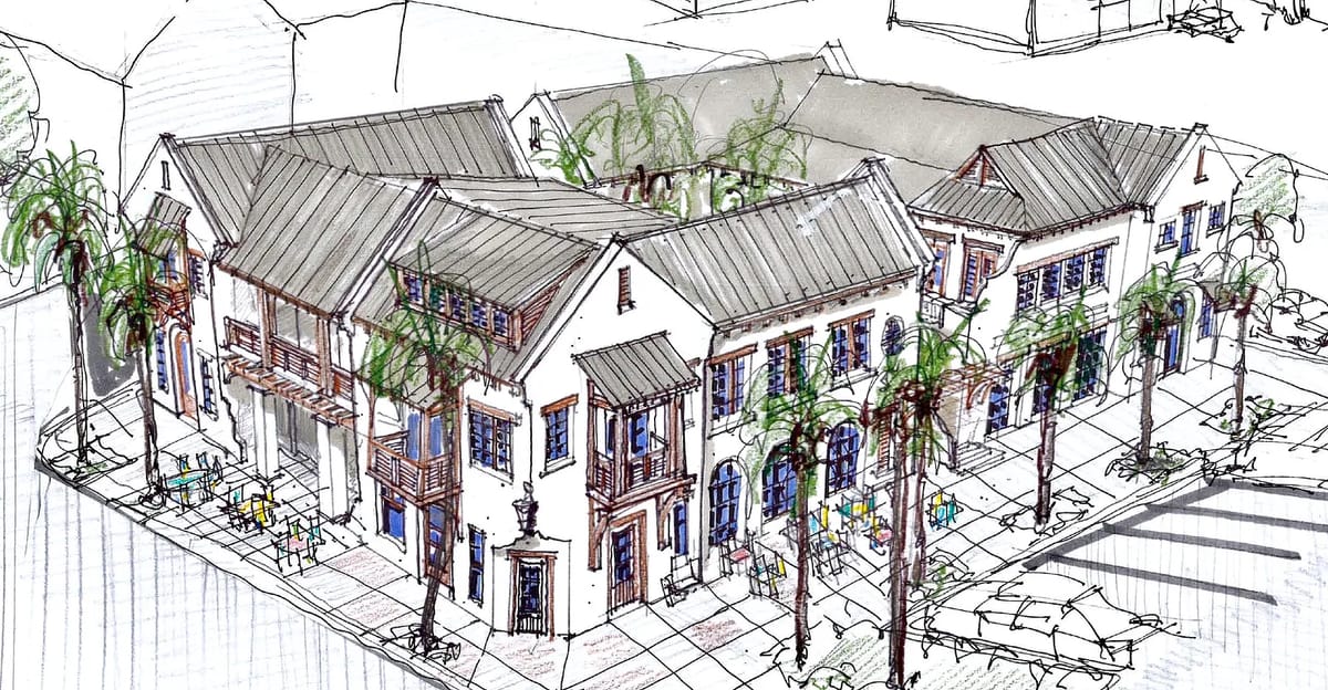 Architectural sketch of a building complex with sloped roofs, large windows, and palm trees.