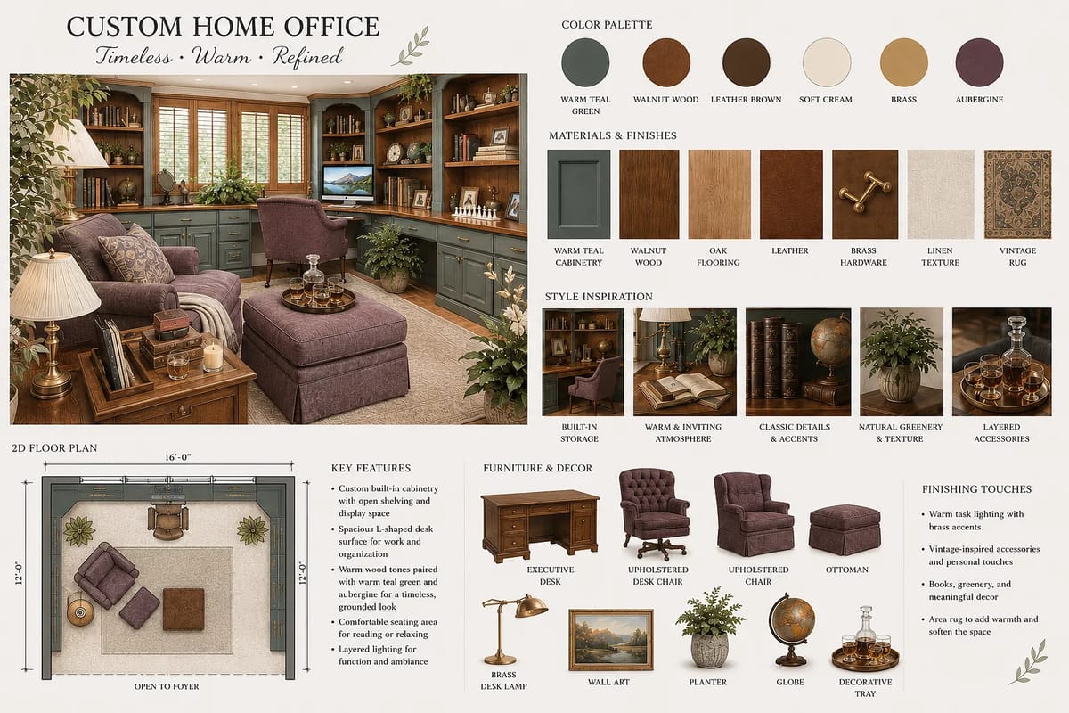 Home office with walnut cabinetry, wood desk, upholstered chair, leather-bound books, and patterned area rug