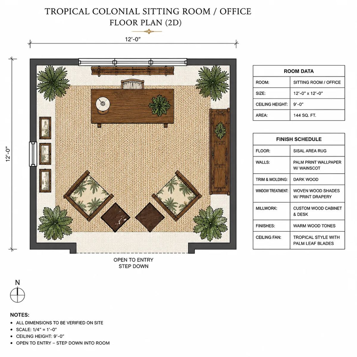 Office with wooden desk, armchairs, area rug, potted plants, and large window with palm leaf ceiling fans