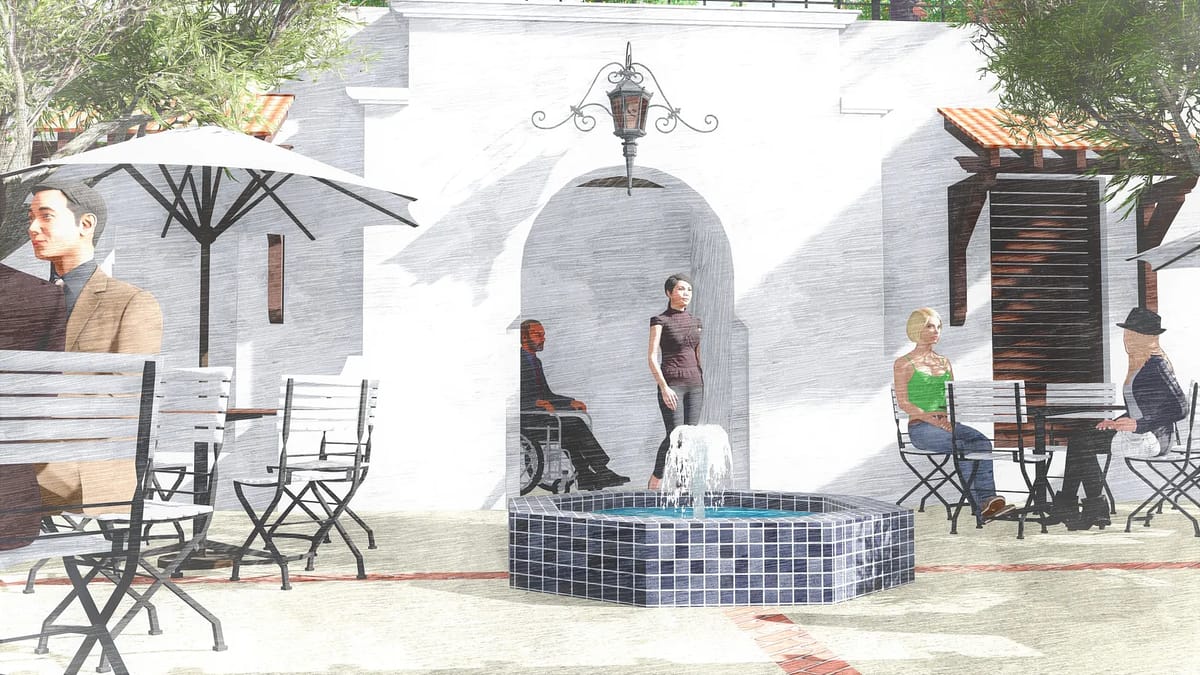 Patio with central fountain, metal bistro tables, chairs, umbrellas, and white walls with terracotta accents.