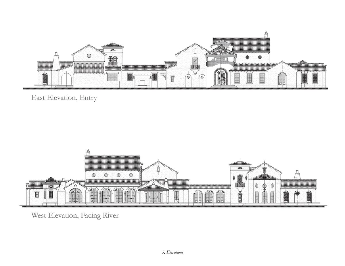 Architectural elevations displaying entry facade with varied rooflines and window styles