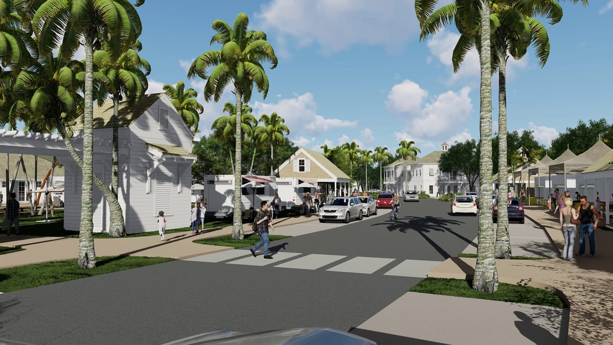 Exterior streetscape with palm trees, vehicles, white buildings, tents, and pedestrians.