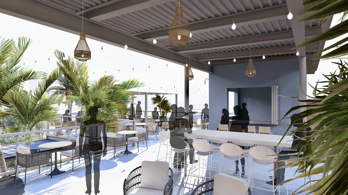Outdoor deck area with dining tables, bar stools, palm plants, and hanging lights.
