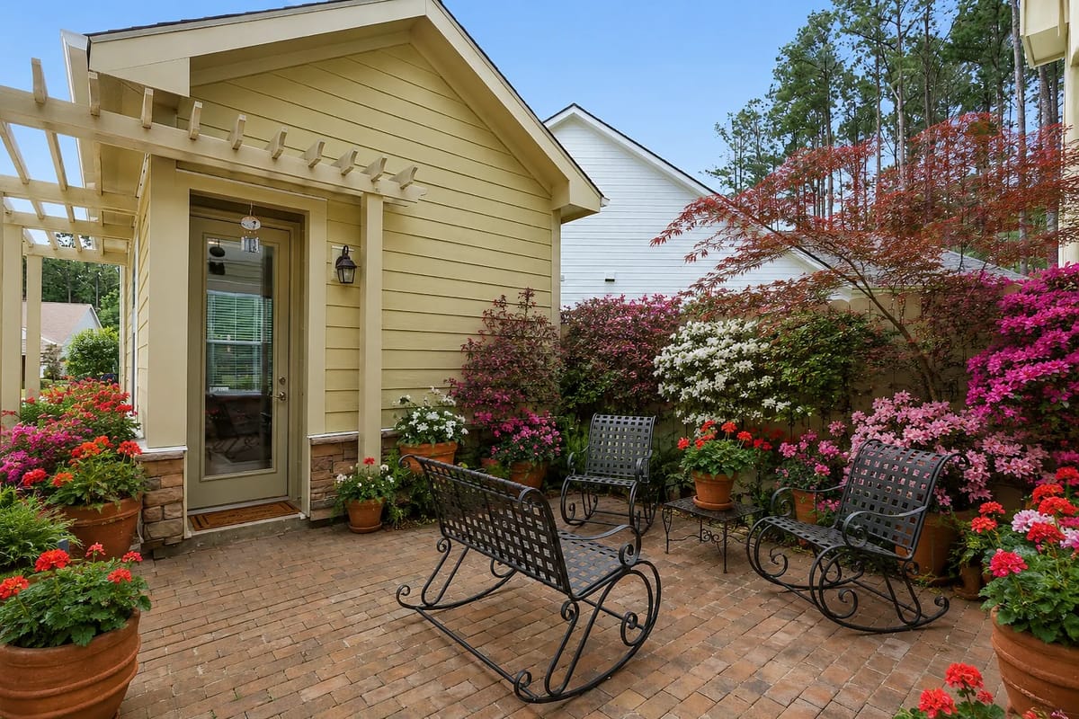 Patio with wrought iron chairs, bench, potted flowers, and glass doors.