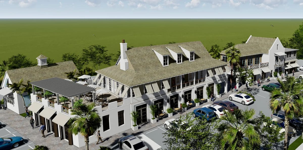 Exterior view of a mixed-use building with gabled roofs, balconies, and palm trees.
