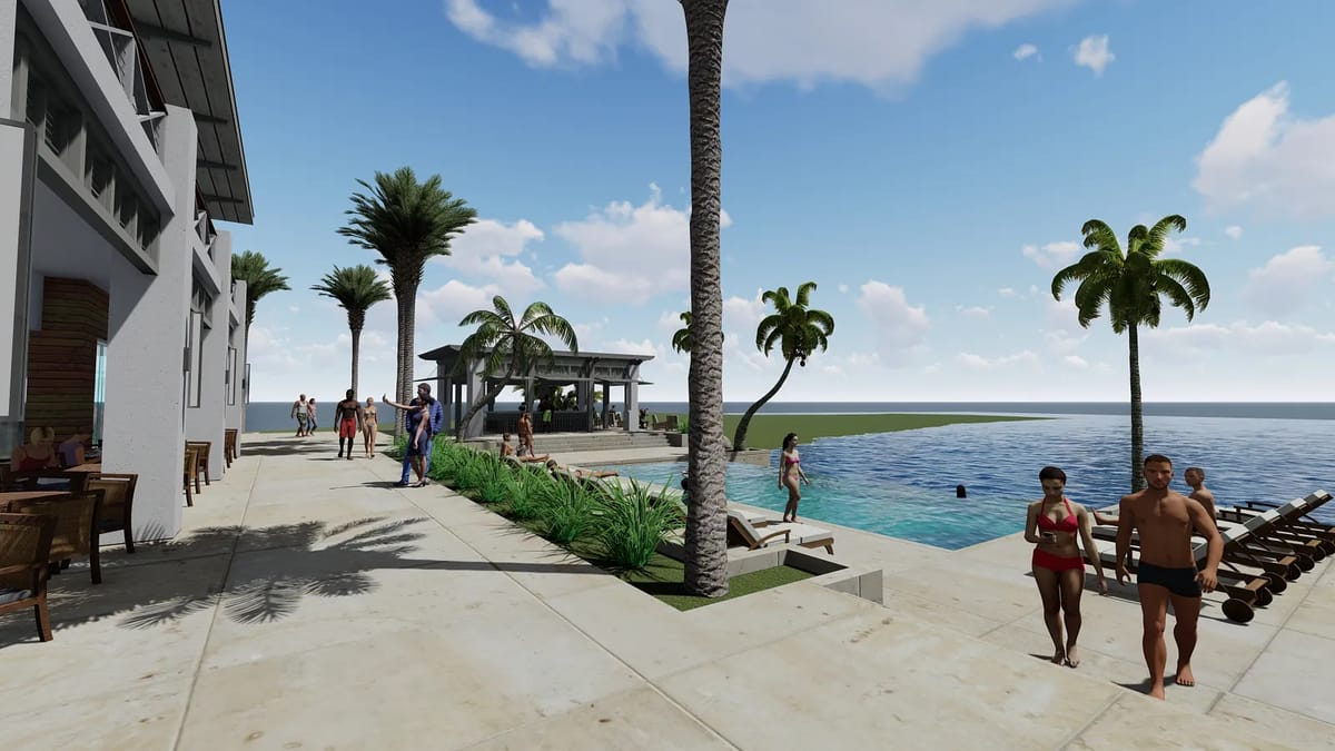 Exterior rear area with swimming pool, palm trees, patio, and people swimming and lounging.
