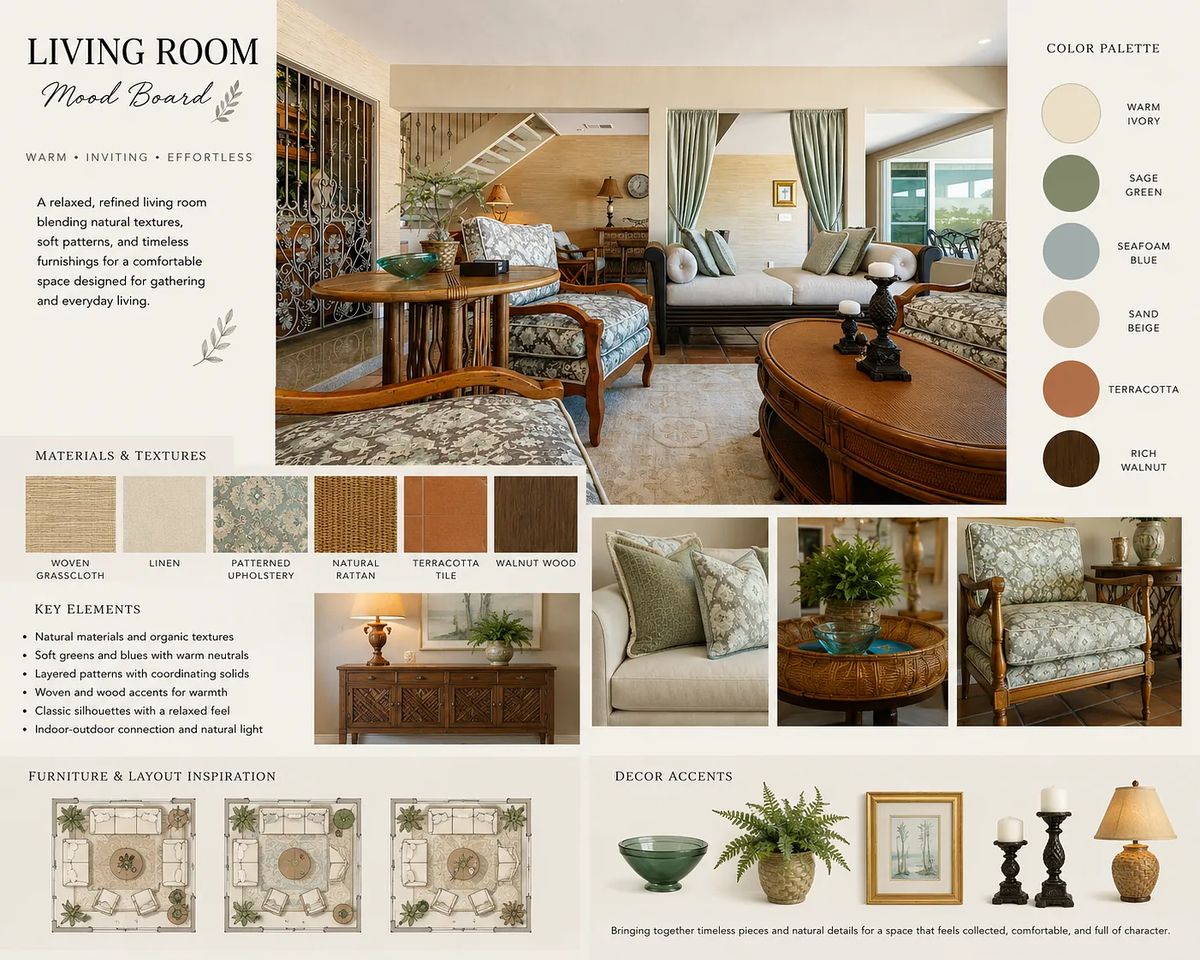 Living room with natural wood furniture, patterned upholstery, cushions, coffee table, and decorative plants.