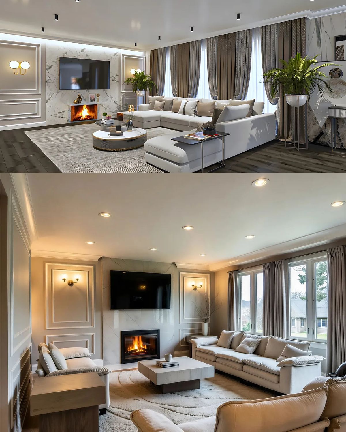 Living room with white sofas, coffee table, stone fireplace, and tall windows with drapes and plants.