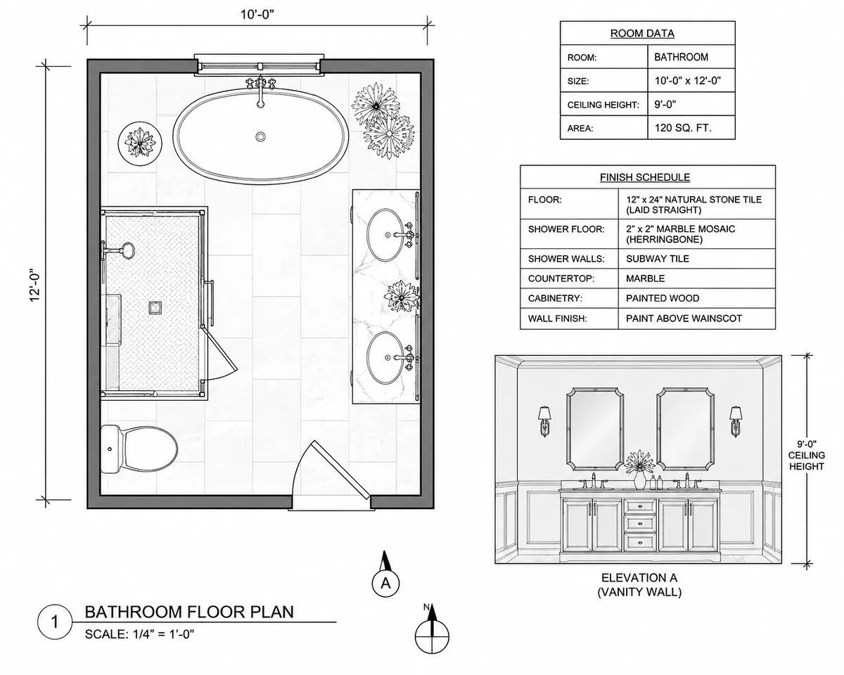 Bathroom with freestanding bathtub, walk-in shower, dual sinks, and wainscoting.