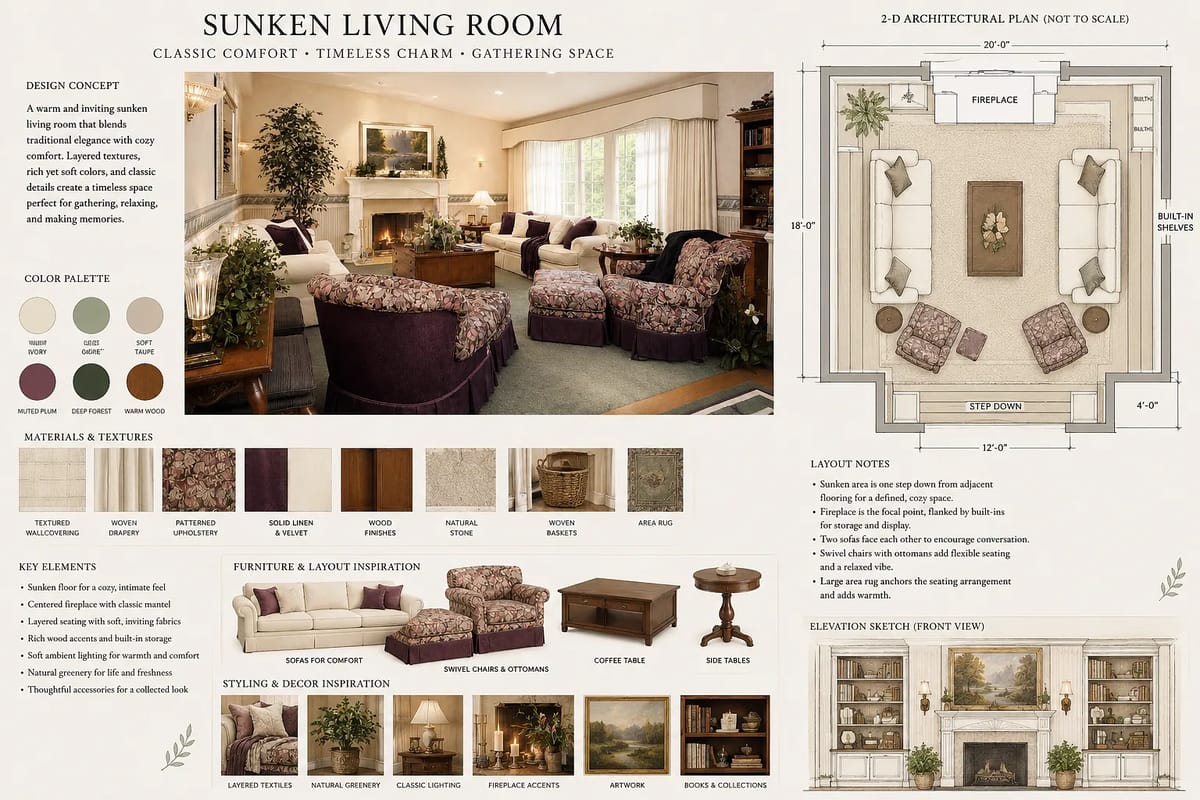 Sunken living room with floral sofas, coffee table, brick fireplace, bookshelves, and large windows.