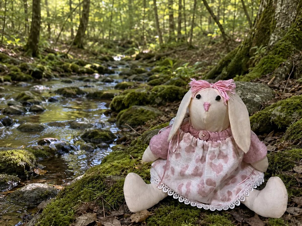 Plush toy rabbit on mossy ground by a stream, wearing a pink dress and bow.