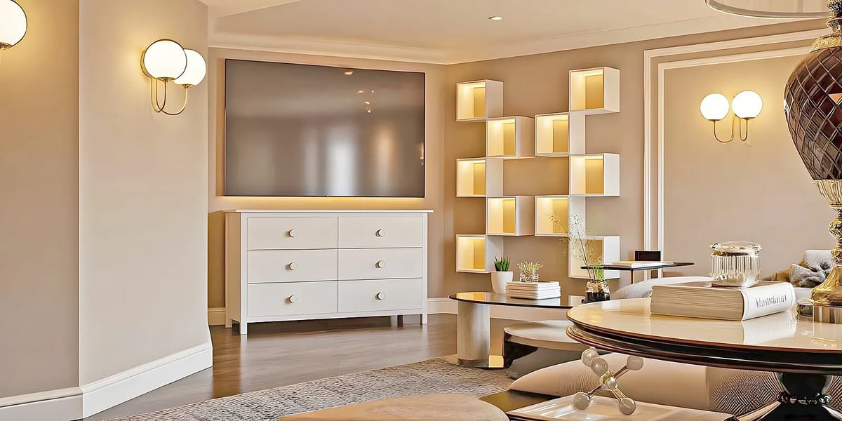 Living room with white dresser, TV, shelving unit, round coffee table, and wall sconces.