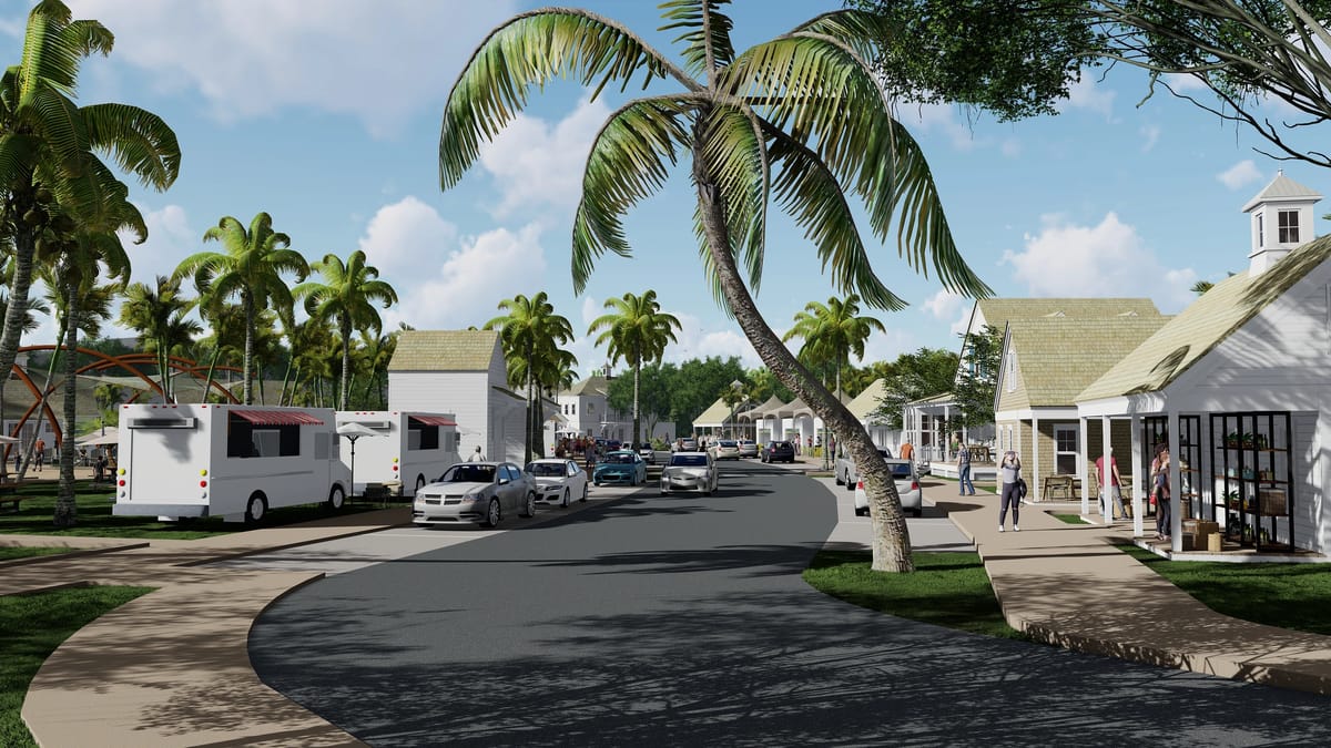 Outdoor scene with palm trees, food trucks, shops, paved road, and playground structures.