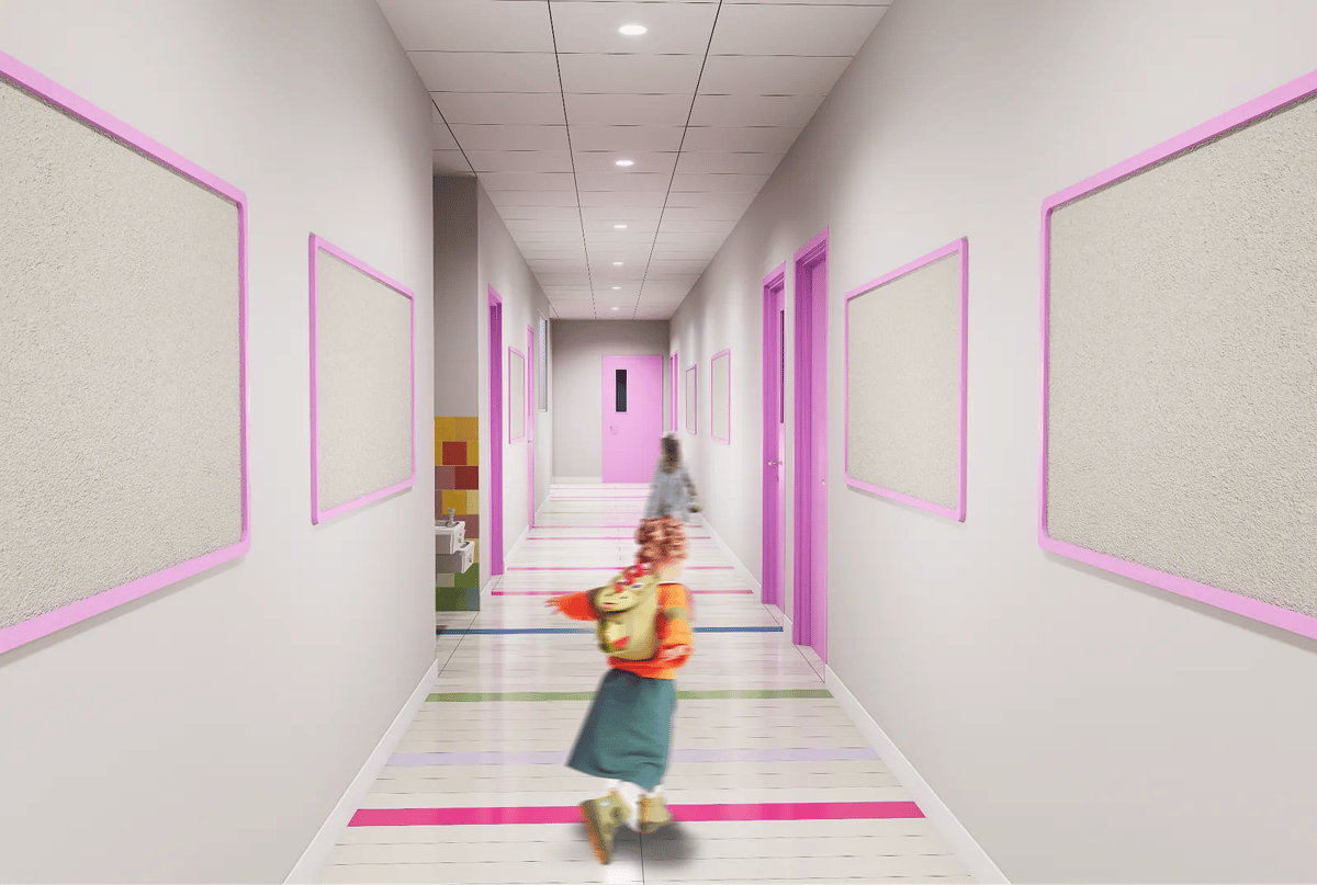 Hallway with pink doors, light-colored walls, colored striped floor, and empty framed walls.