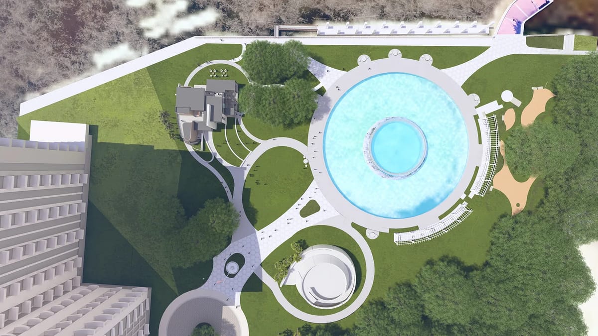 Aerial view of a landscaped garden with swimming pool, pathways, and circular structures.