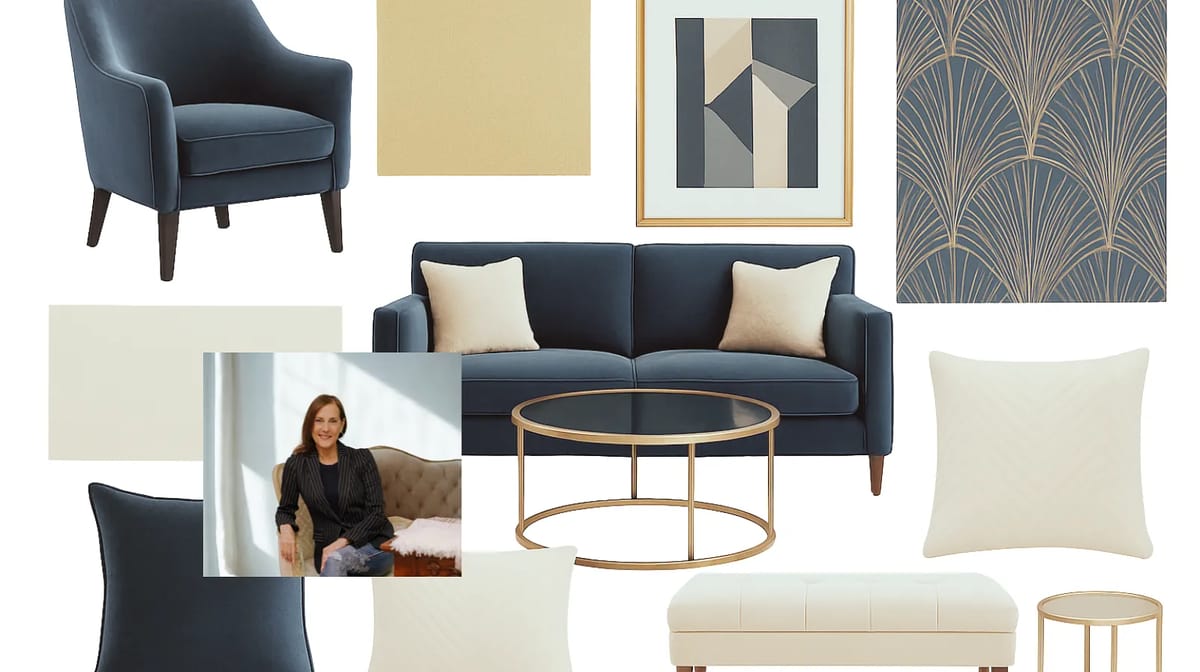 Living room with navy sofa, glass coffee table, cream ottoman, accent chair, and abstract wall art.