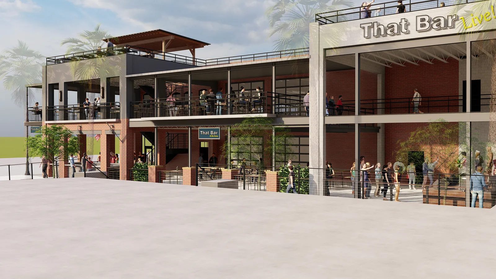 Exterior view of multi-story building 'That Bar' with balconies, people, and palm trees.