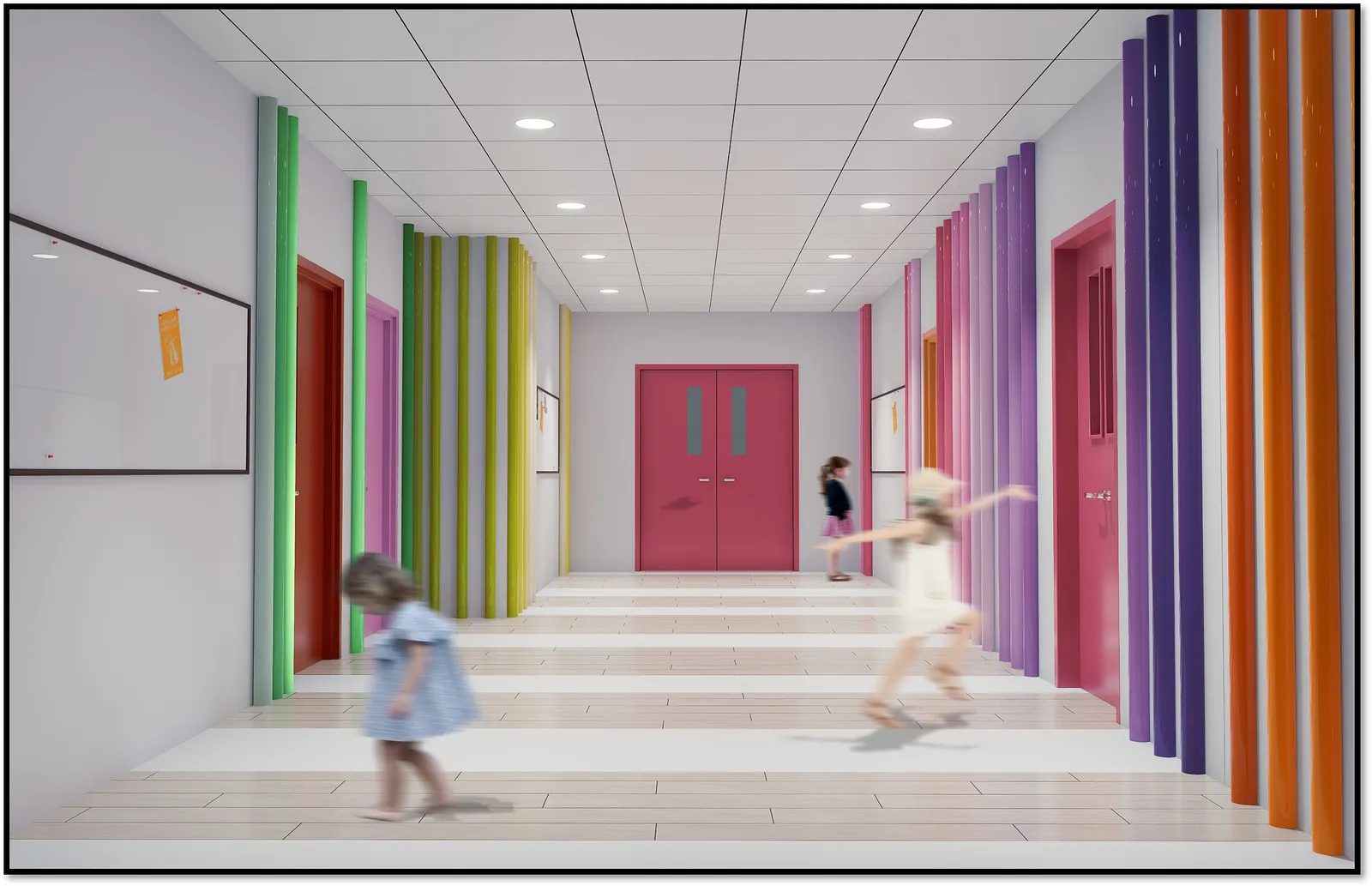 Hallway with colorful vertical stripes, multiple doors, and white tiled floor with children in motion.