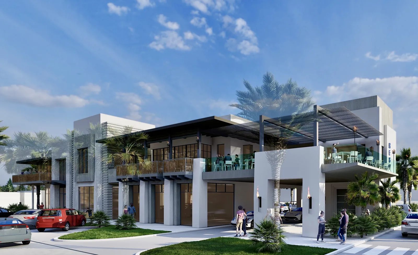 Exterior front view of a two-story building with large windows, patio, and palm trees.