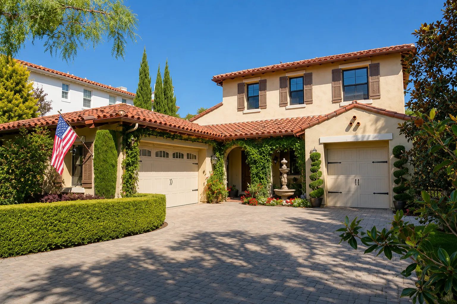 Front exterior of a house with garage, paver pathway, landscaping, fountain, and American flag.