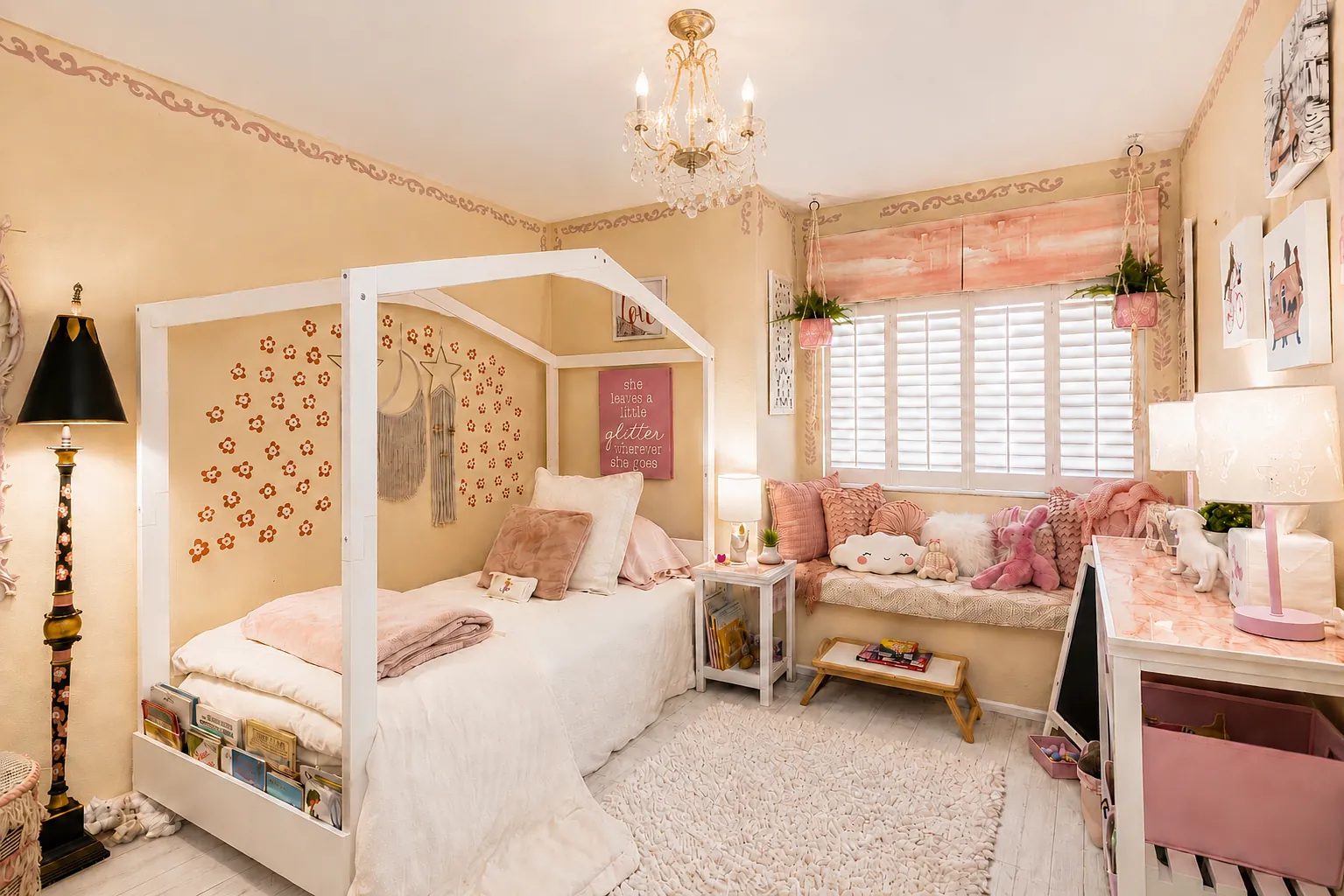 Bedroom with canopy bed, pink quilt, bedside table, reading nook, and pastel yellow walls.
