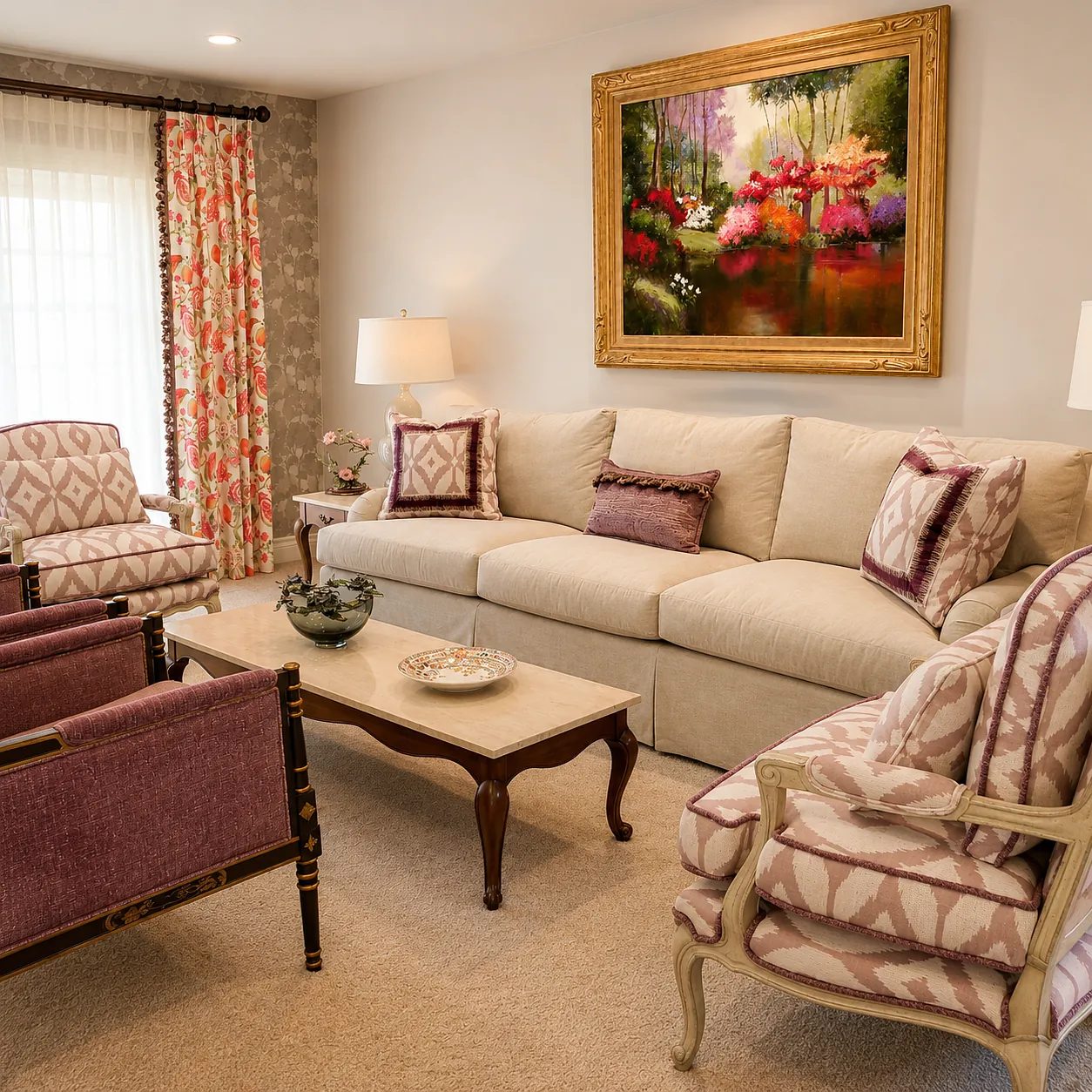 Living room with beige sectional, patterned armchairs, coffee table, floral painting, and decorative bowl