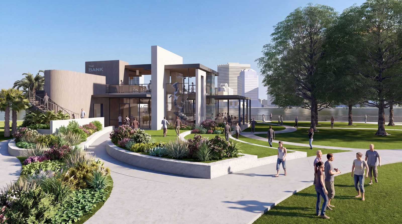 Exterior view of a contemporary building with landscaped gardens and people walking around.