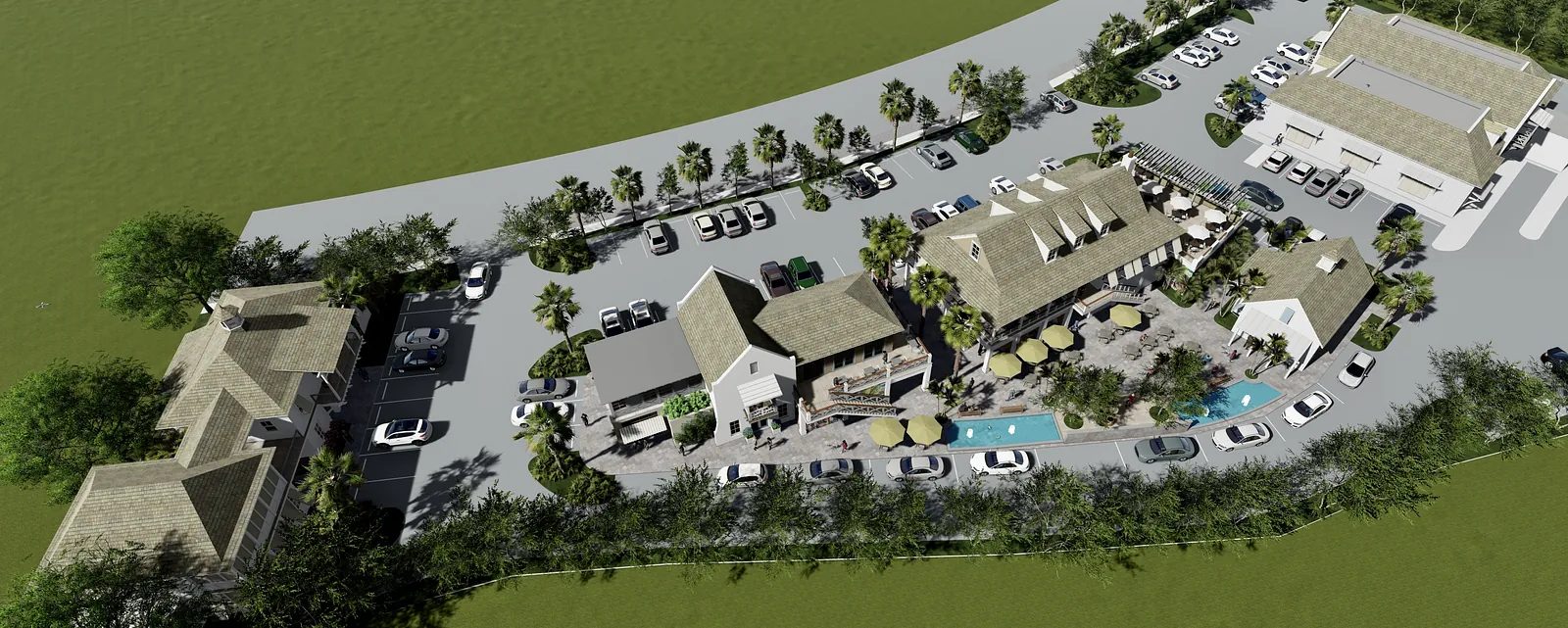 Outdoor complex with multiple buildings, pool, parking, and landscaping with palm trees and umbrellas.
