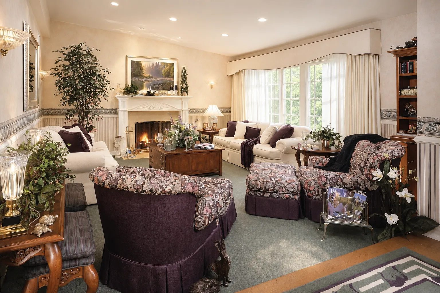 Living room with white sofas, floral chairs, coffee table, fireplace, large windows, and plants.