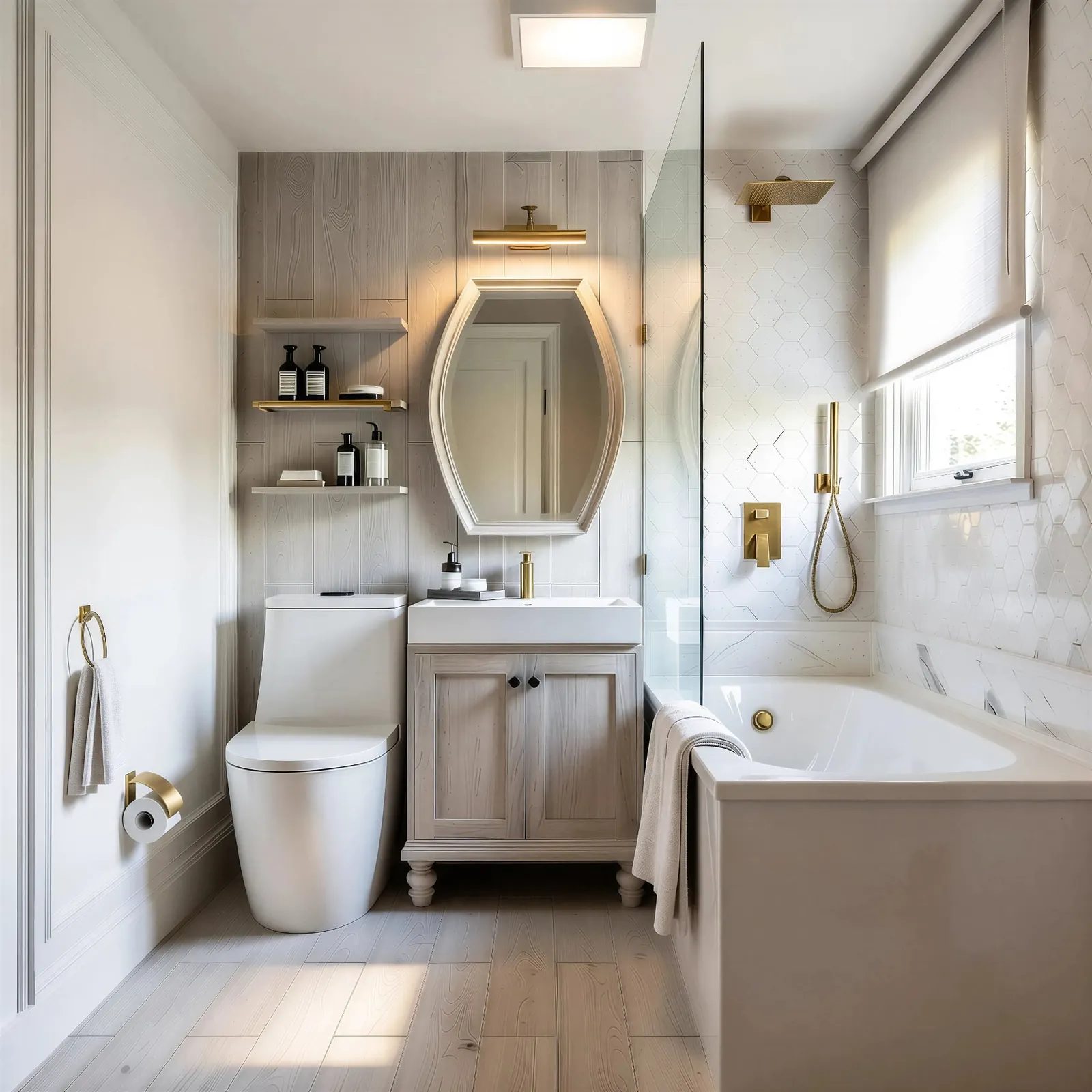 Bathroom with white toilet, wood vanity, oval mirror, glass shower, and freestanding bathtub.