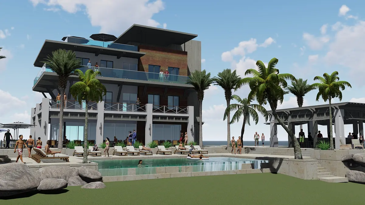 Exterior rear view of a multi-story building with pool, palm trees, sun loungers, and a pergola.
